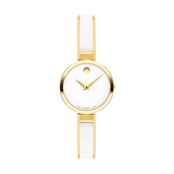 Previously Owned - Ladies' Movado Moda Two-Tone PVD Ceramic Bangle Watch with White Dial (Model: 0607715)