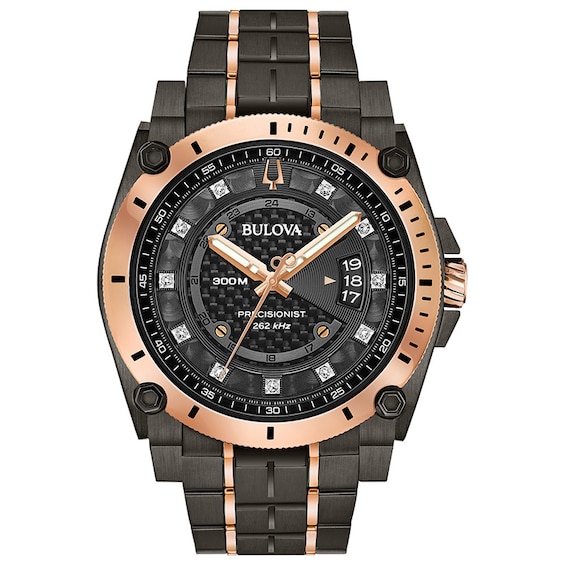 Previously Owned - Men's Bulova Precisionist 1/20 CT. T.W. Diamond Two-Tone IP Watch with Black Dial (Model: 98D149)