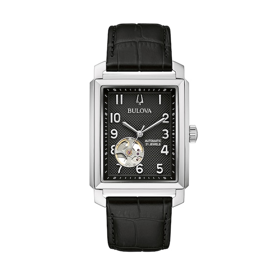Previously Owned - Men's Bulova Sutton Automatic Strap Watch with Rectangular Black Skeleton Dial (Model: 96A269)