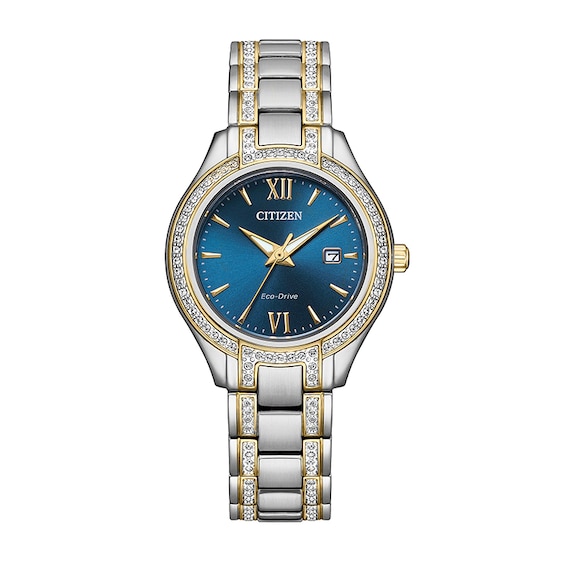 Previously Owned - Citizen Eco-Drive® Silhouette Crystal Accent Two-Tone Watch with Blue Dial (Model: FE1234-50L)