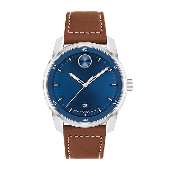 Previously Owned - Men's Movado Bold Verso Brown Leather Strap Watch with Blue Dial (Model: 3600944)