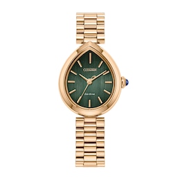 Previously Owned - Ladies’ Citizen Eco-Drive® Rainell Rose Gold-Tone IP Analog Watch with Green Dial (Model: EM1203-57X)