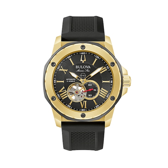 Previously Owned - Men's Bulova Marine Star Gold-Tone Automatic Strap Watch with Black Skeleton Dial (Model: 98A272)