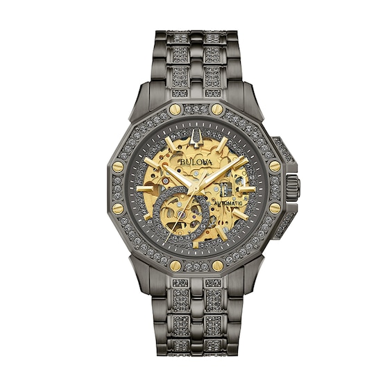 Previously Owned - Men's Bulova Octava Crystal Gunmetal Grey IP Automatic Watch with Grey Skeleton Dial (Model: 98A293)