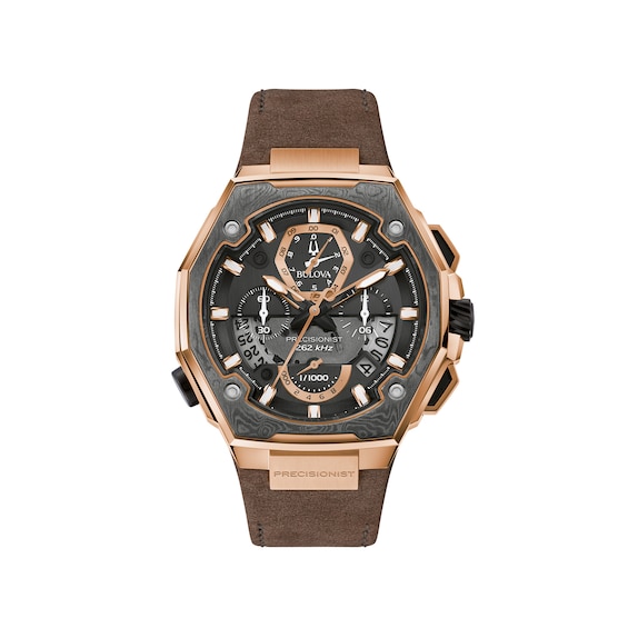 Previously Owned - Men's Bulova Precisionist X Chronograph Brown Leather Strap Watch with Black Dial (Model: 98B356)
