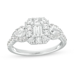 Previously Owned - 1-1/2 CT. T.W. Emerald-Cut Diamond Frame Past Present Future® Engagement Ring in 14K White Gold