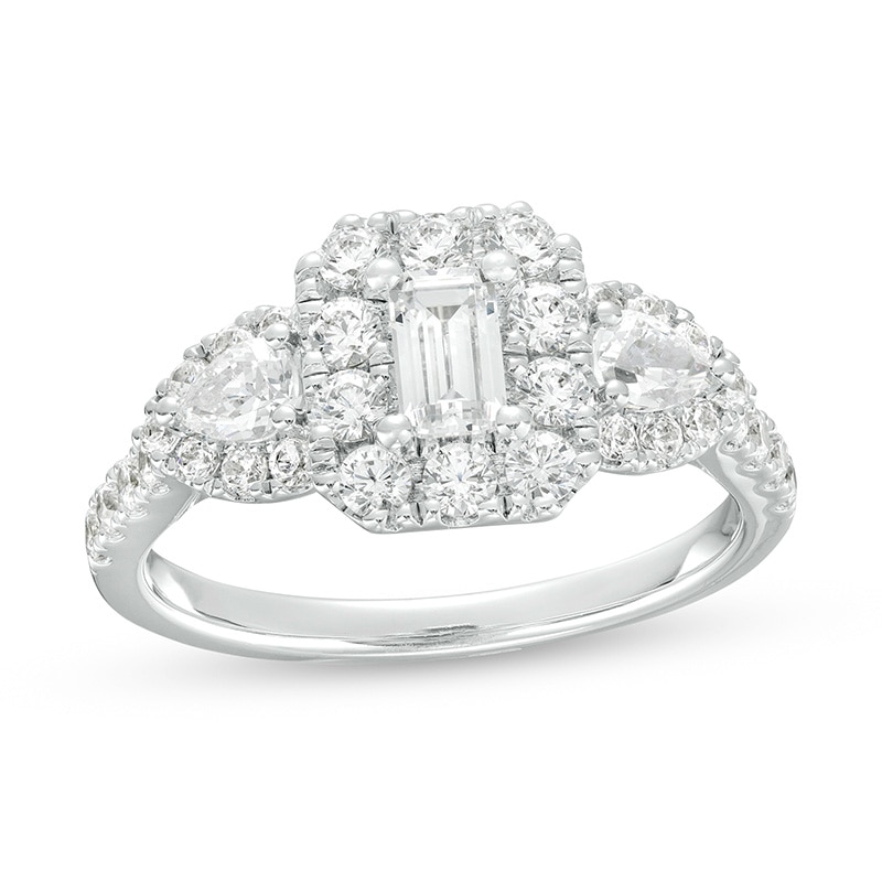Main Image 1 of Previously Owned - 1-1/2 CT. T.W. Emerald-Cut Diamond Frame Past Present FutureĀ® Engagement Ring in 14K White Gold