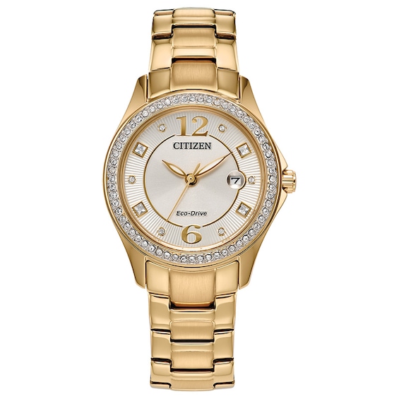 Previously Owned - Ladies’ Citizen Eco-Drive® Crystal Accent Gold-Tone IP Watch with Champagne Dial (Model: FE1147-79P)