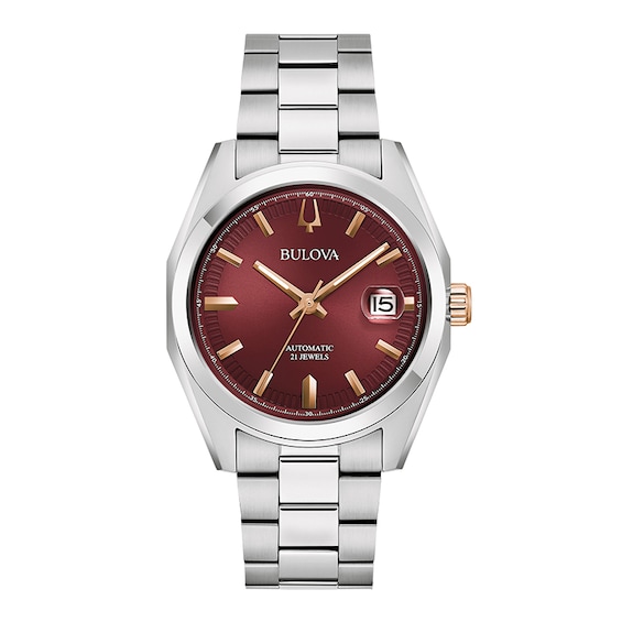 Previously Owned - Men's Bulova Surveyor Burgundy Dial Watch in Stainless Steel (Model 98B422)