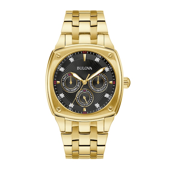 Previously Owned - Men’s Bulova Diamond Accent Gold-Tone IP Chronograph Watch with Square Black Dial (Model: 97D138)