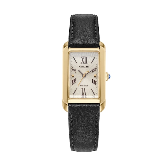 Previously Owned - Citizen Bianca Gold-Tone IP Black Leather Strap Watch with Rectangular Dial (Model: EW5622-09P)