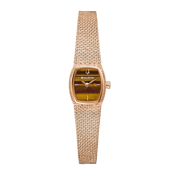 Previously Owned - Bulova Classic Goddess of Time Rose-Tone IP Analog Watch with Brown Tiger’s Eye Dial (Model: 97L185)