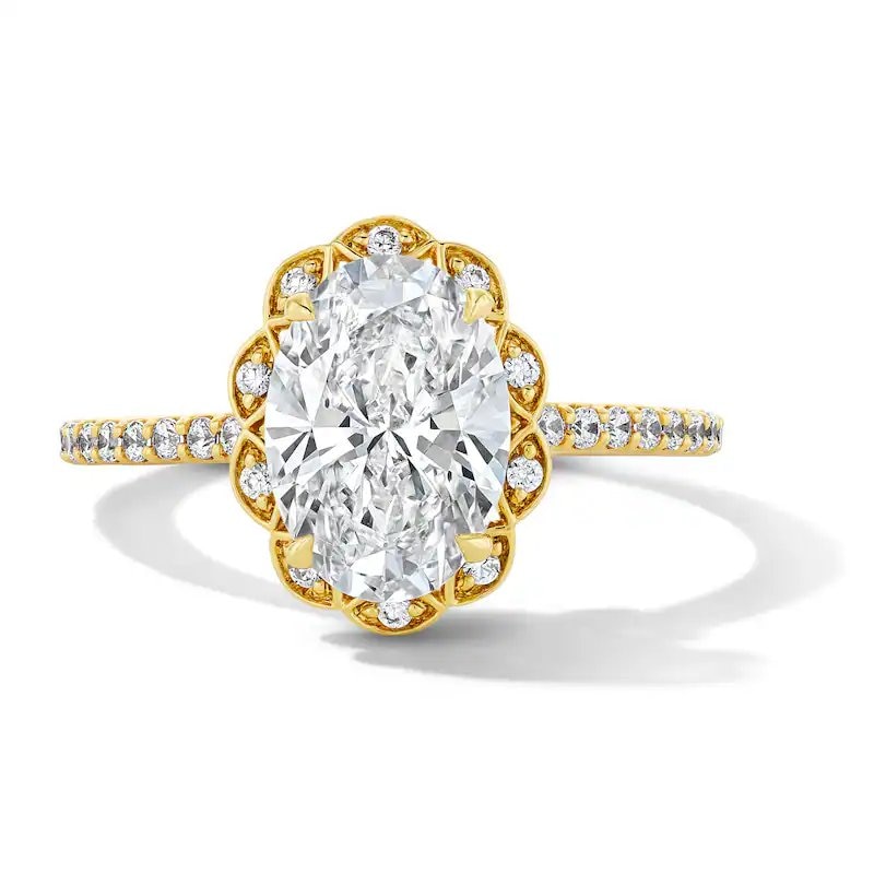 Main Image 1 of Previously Owned - Enchanted Disney Belle 2-3/8 CT. T.W. Oval Lab-Grown Diamond Frame Engagement Ring in 14K Gold