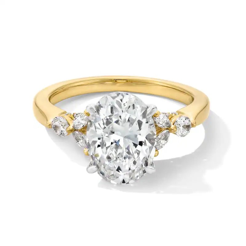 Main Image 1 of Previously Owned - 3-1/2 CT. T.W. Oval Lab-Grown Diamond Leaf-Sides Engagement Ring in 14K Gold (F/VS2)