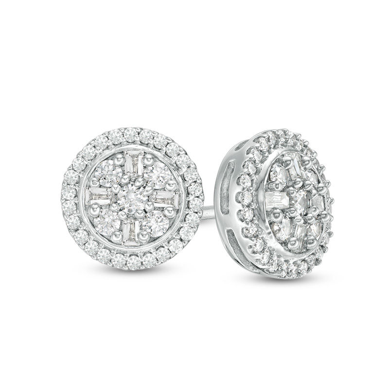 1/3 CT. T.W. Baguette and Round Composite Diamond Frame Stud Earrings in 10K White Gold