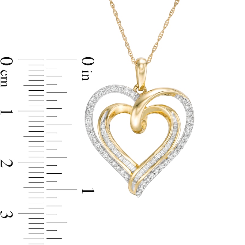 1/2 CT. T.W. Baguette and Round Diamond Double Swirl Heart Pendant in 10K Gold